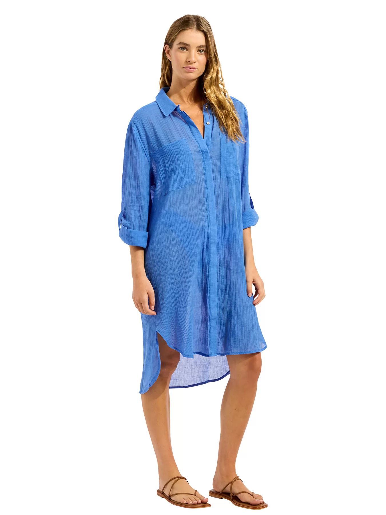 Niebieski Koszula plażowa Seafolly Beach Edit Crinkle Twill 55536-CU - zdjęcie 3