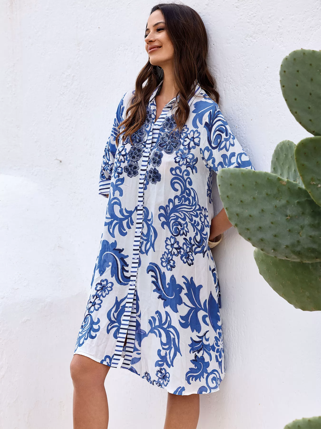 Biały, niebieski Włoska sukienka Iconique Romina 26-037 - zdjęcie 4